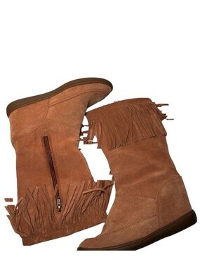 SKETCHERS SKCH+3 suede leather fringe western cowgirl boho hidden wedge boots